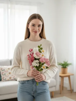 Woman holding pink mixed flower bouquet indoor casual scene