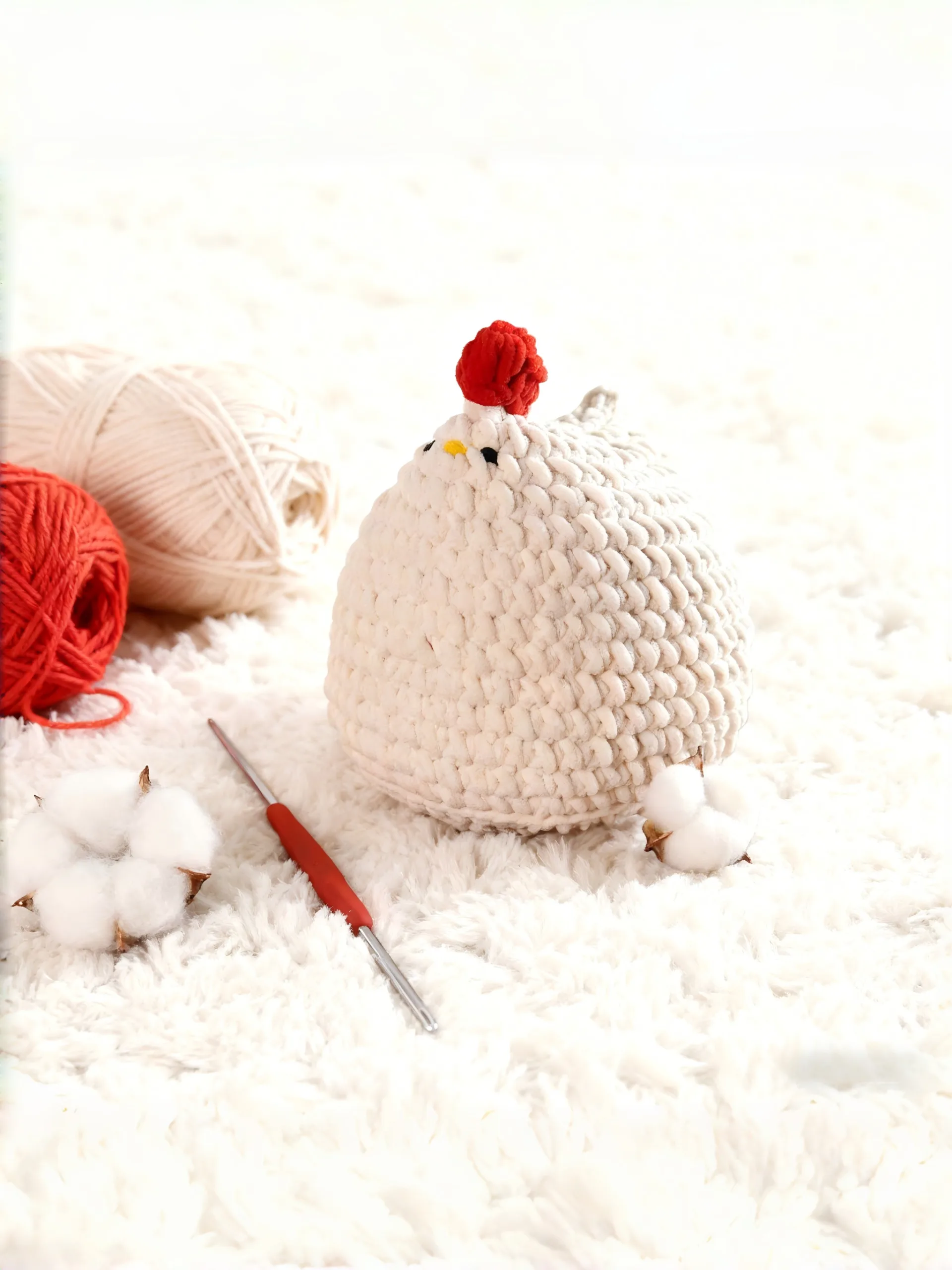 crochet chicken on fluffy rug