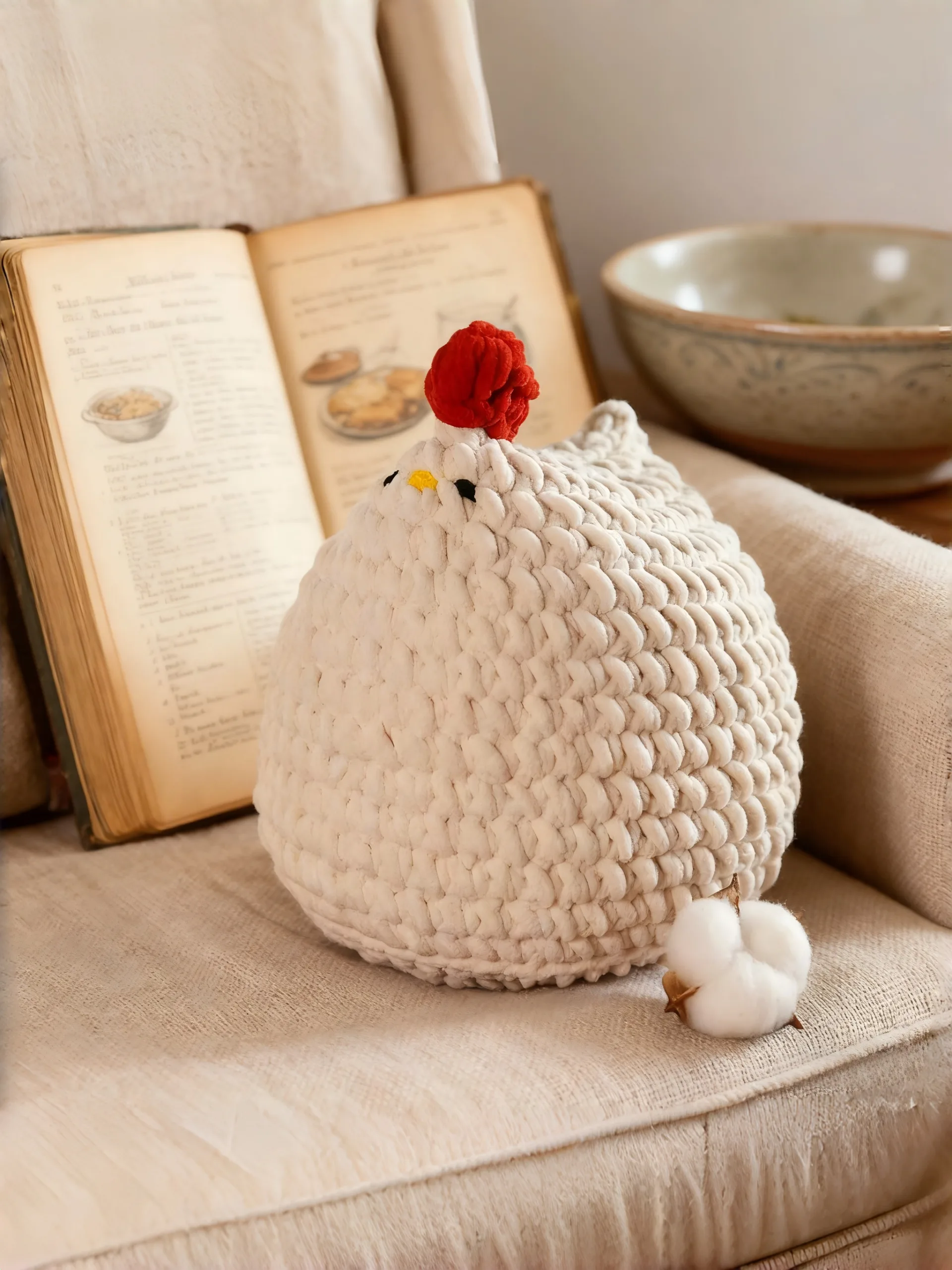 crochet chicken on sofa