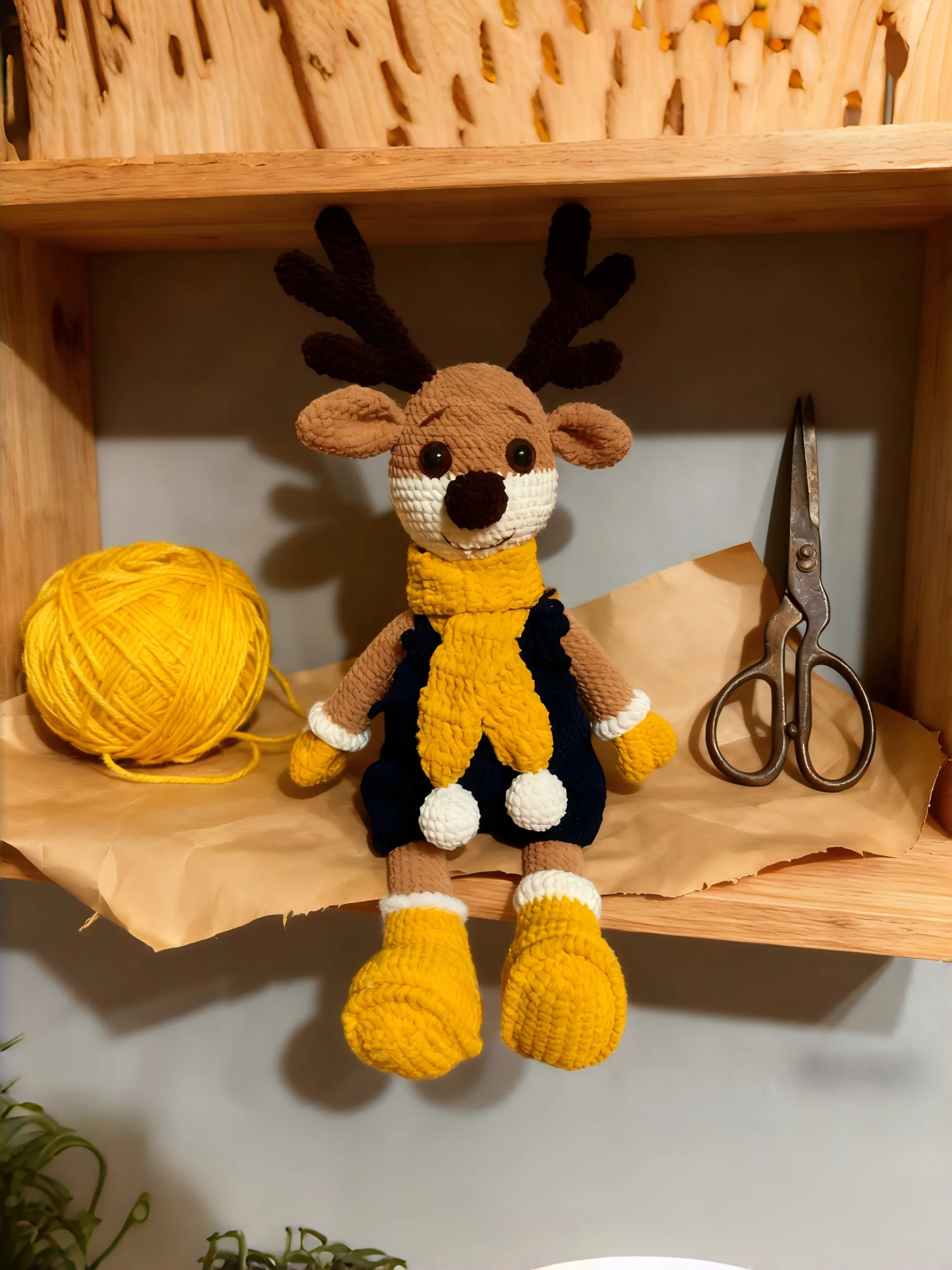 crochet doll on wooden shelf