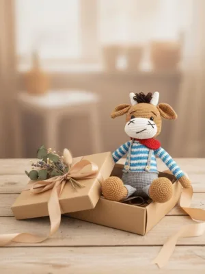 Amigurumi cow doll in gift box