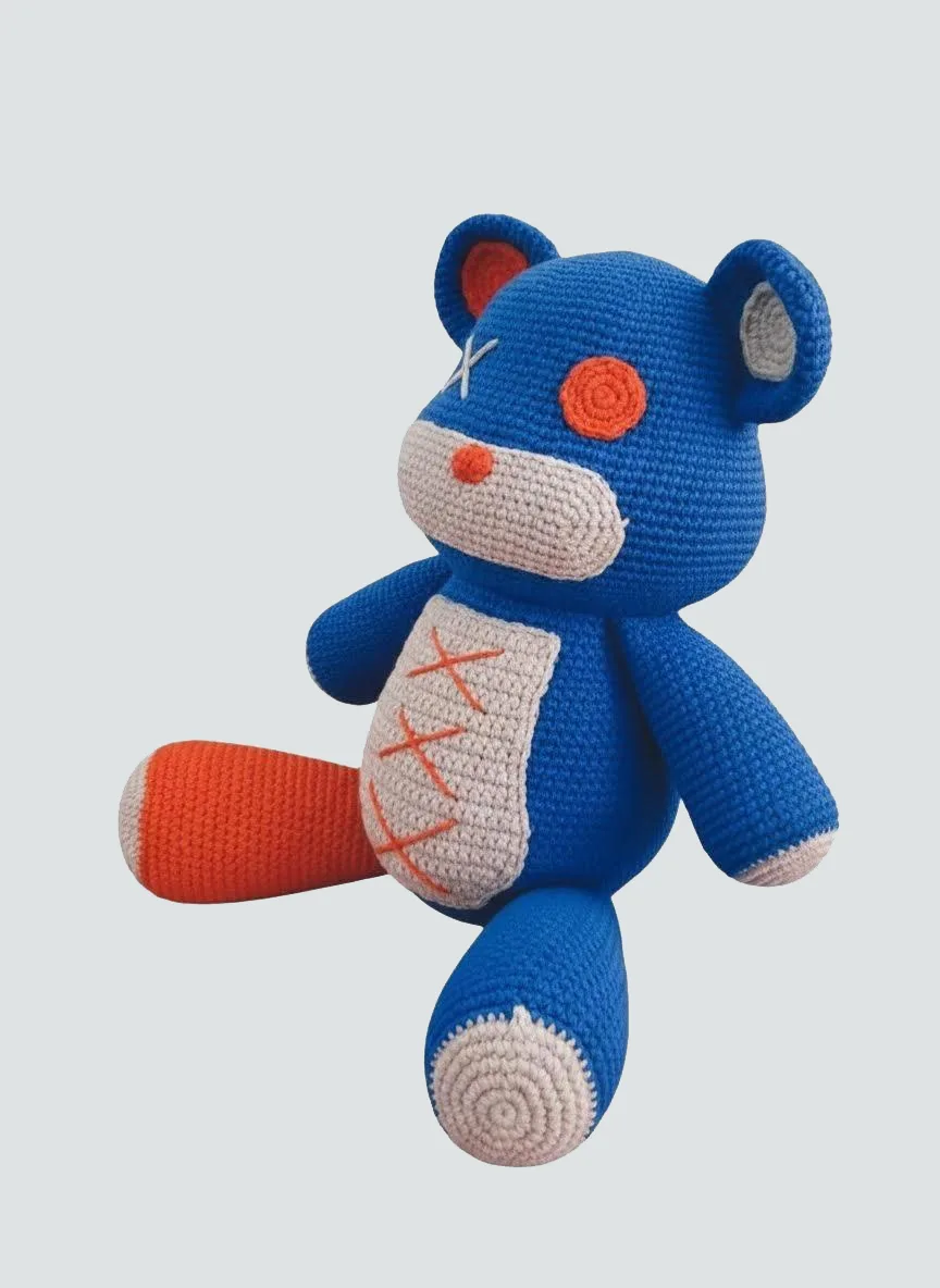 Blue crochet bear Amigurumi close up