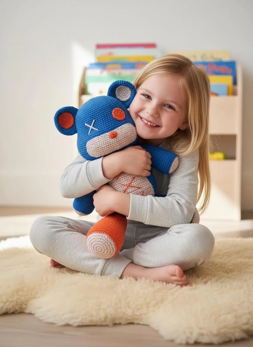 Child hugging blue crochet bear Amigurumi