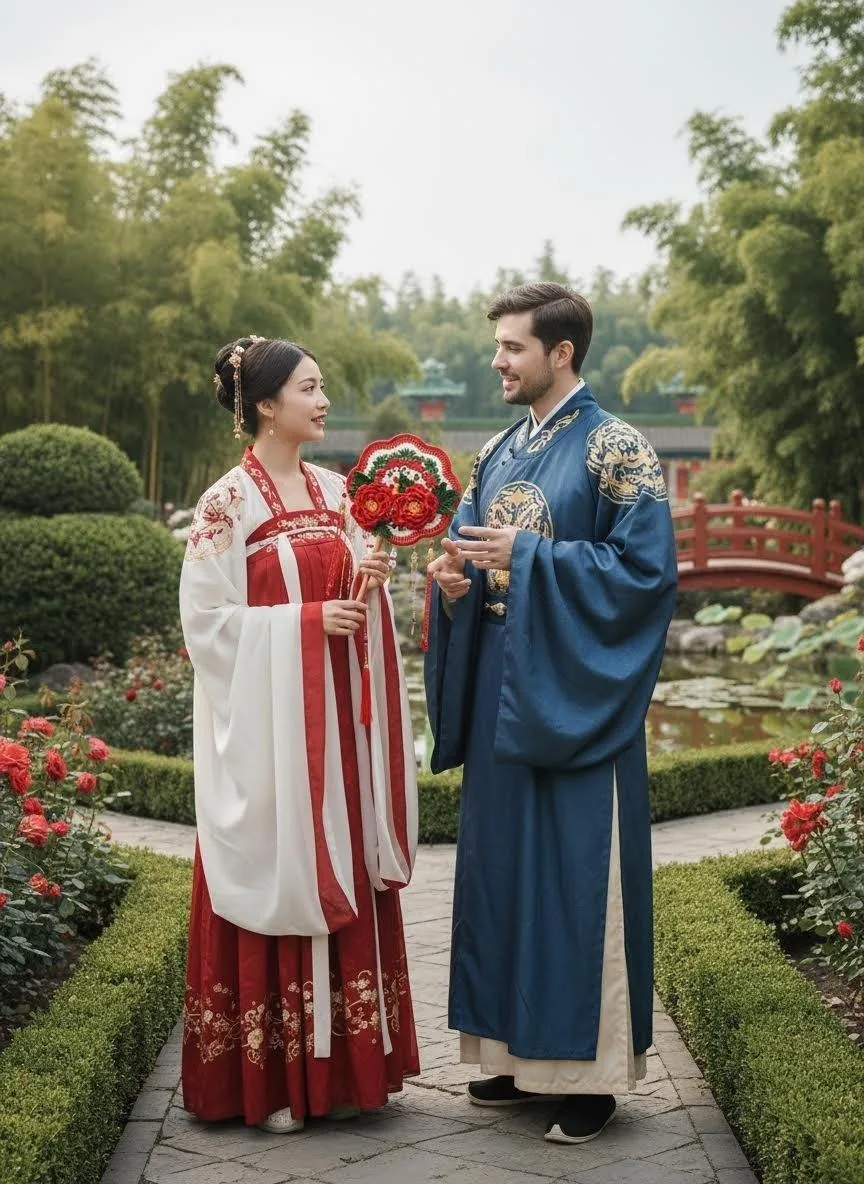 Couple in Hanfu holding crochet fan for photos