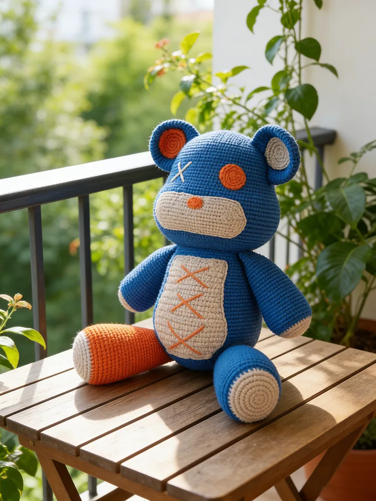 Crochet bear Amigurumi on balcony table
