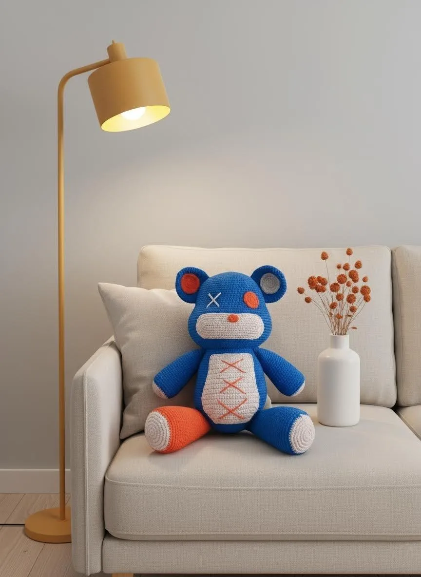 Crochet bear Amigurumi on couch with lamp