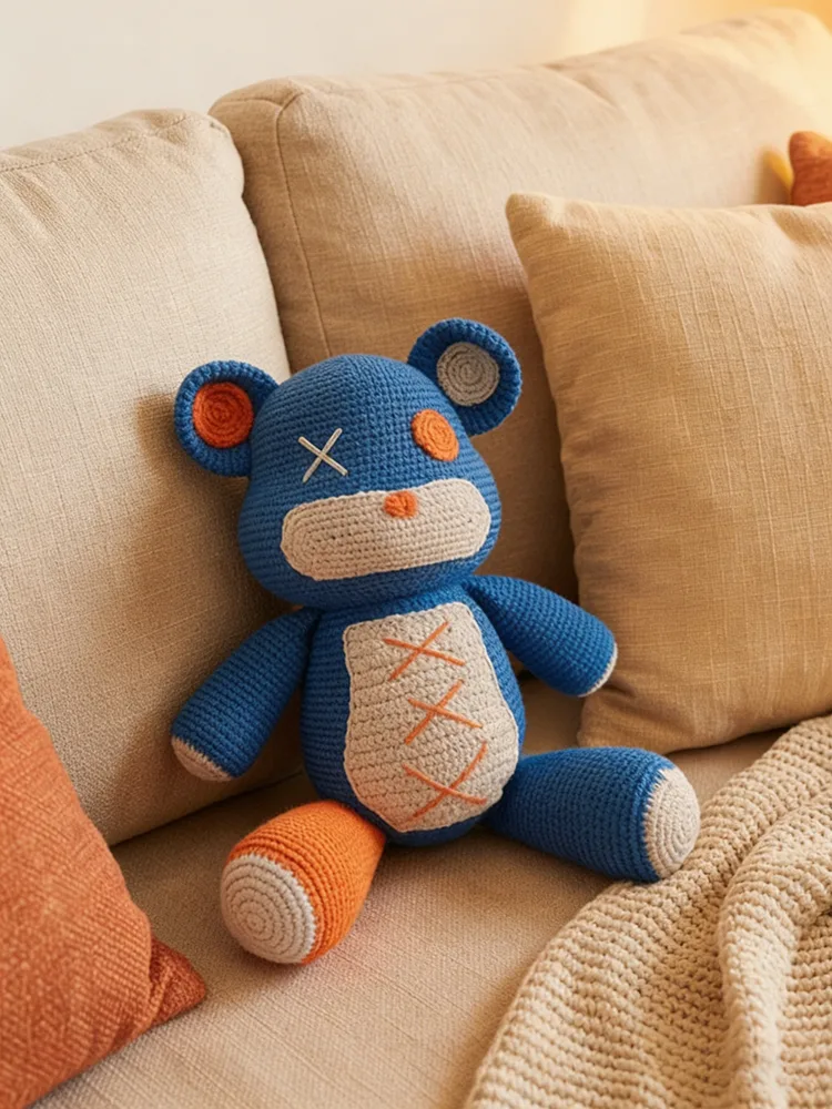 Crochet bear Amigurumi on sofa pillows
