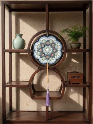 Crochet fan as home shelf decor