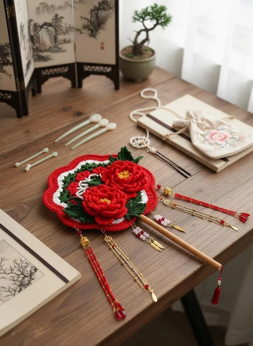 Crochet fan with hair sticks on wooden table