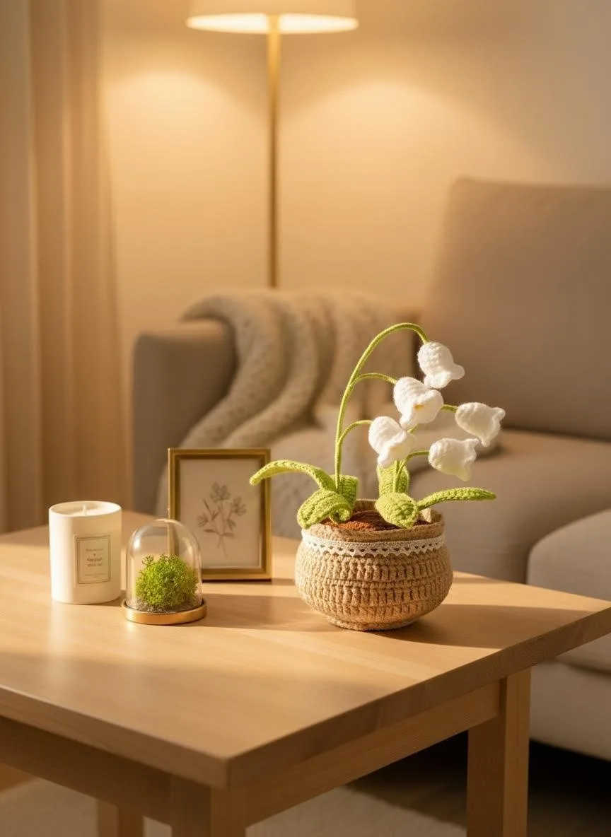 Crochet lily of the valley on table