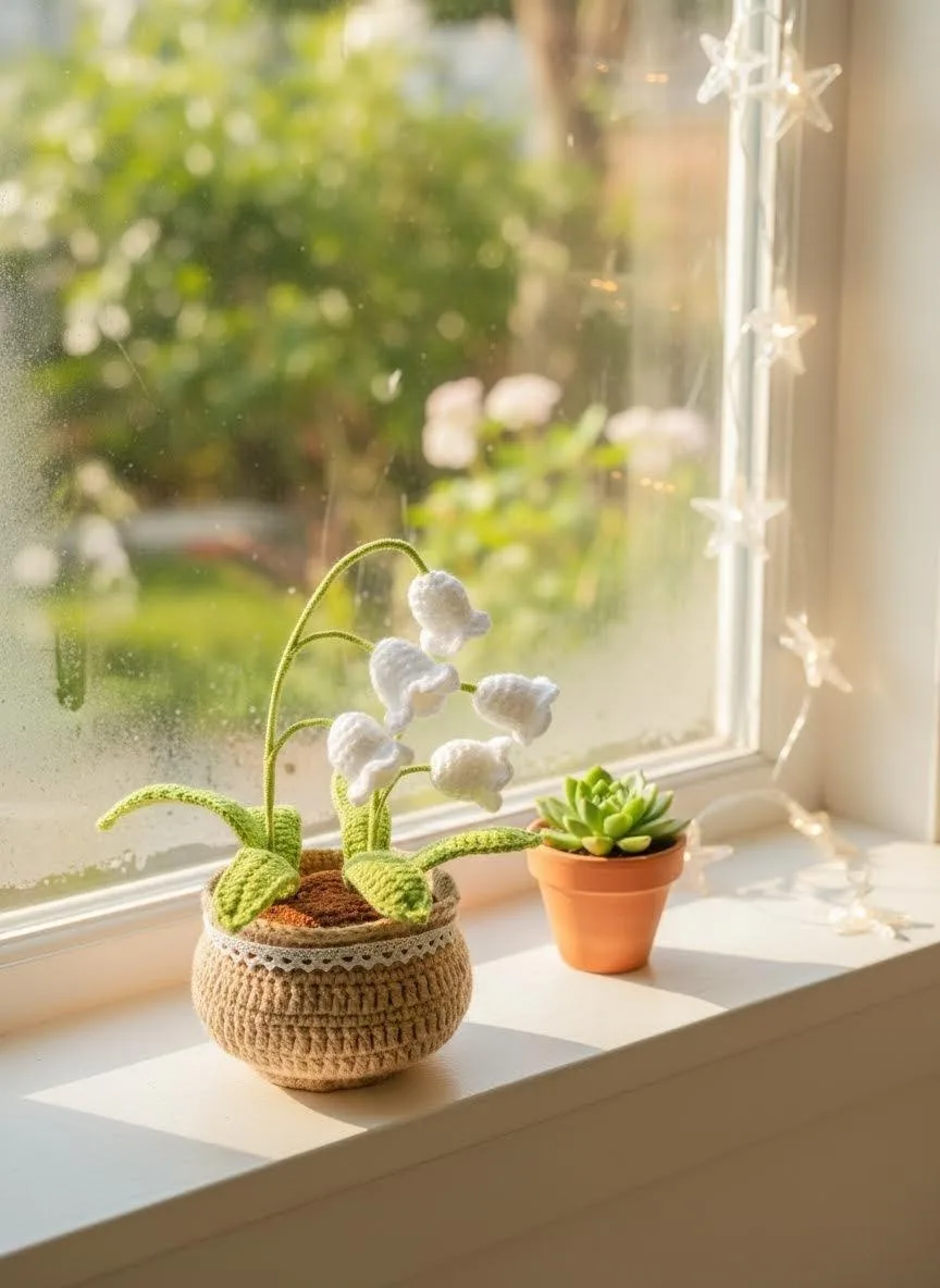 Crochet lily of the valley on windowsill
