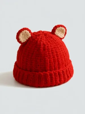 Crochet red bear ear beanie
