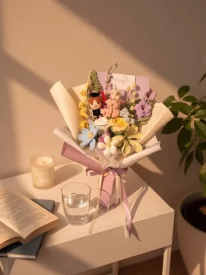 Crocheted flower bouquet on home table with book and candle