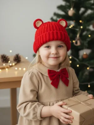 Girl in crochet red bear ear beanie for Christmas