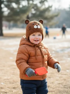 Toddler wearing crochet bear hat playing in snow