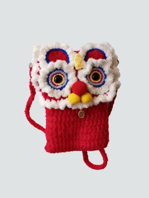 red lion dance crochet phone bag