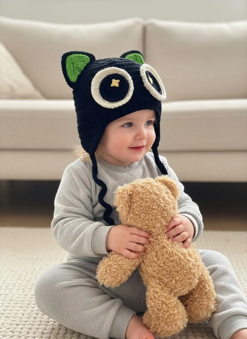 baby sitting with teddy bear wearing black cat hat