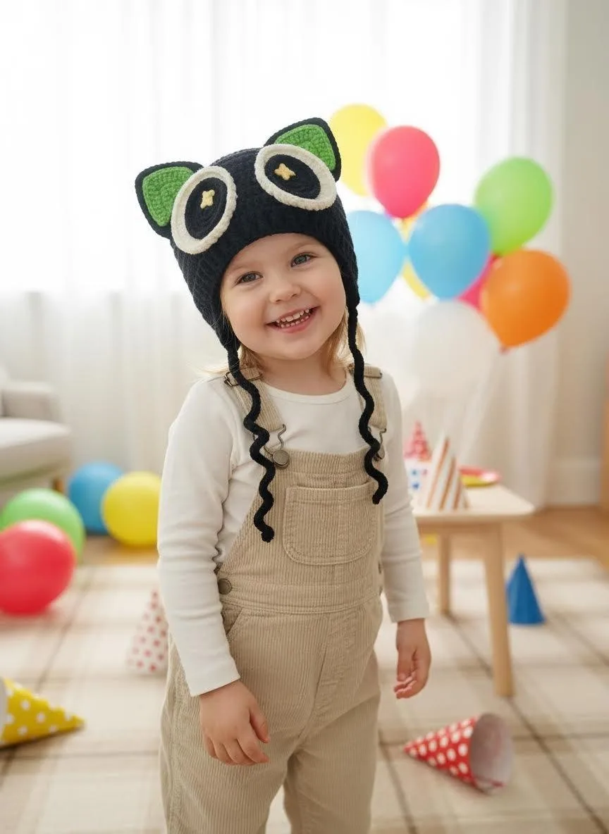 baby with black cat hat at birthday party balloons
