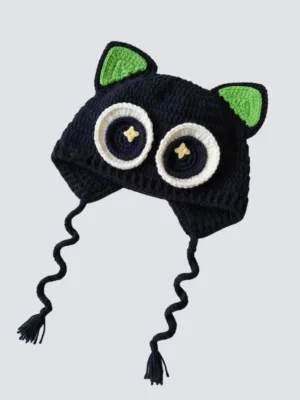 black cat ear crochet baby hat with green ears