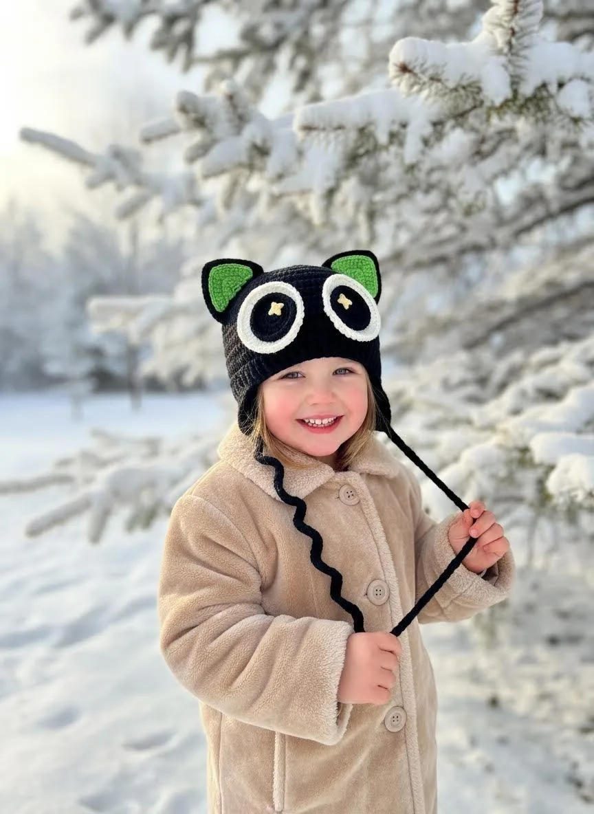 toddler wearing black cat hat in snowy winter forest