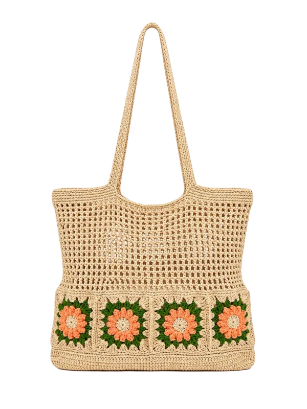 beige daisy market tote bag back view