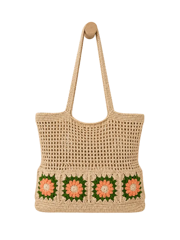 beige daisy market tote hanging bag display