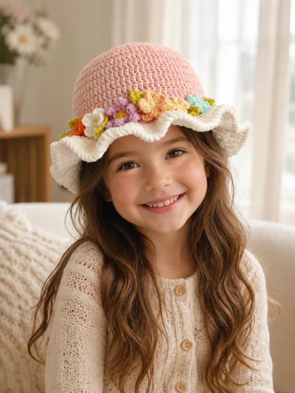 blush meadow floral ruffle sun hat hanging display