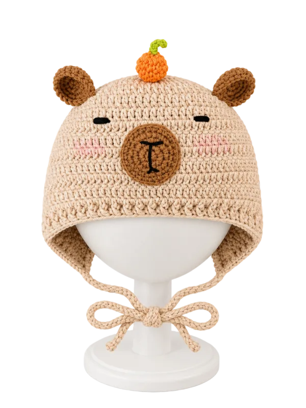 cream bear pumpkin earflap hat angled view