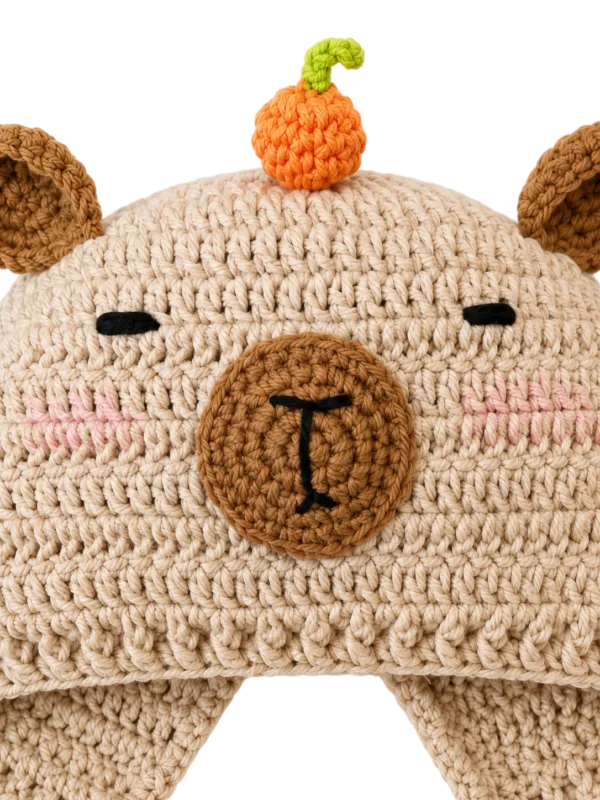 cream bear pumpkin earflap hat close up detail
