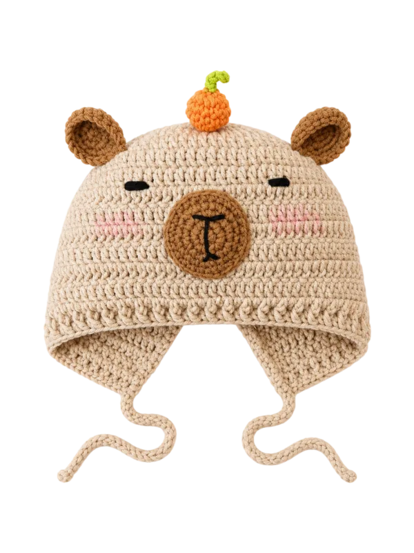 cream bear pumpkin earflap hat front view