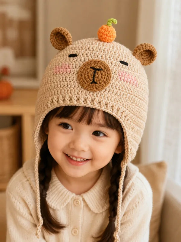 cream bear pumpkin earflap hat hanging display