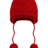 crimson bobble earflap beanie angled view