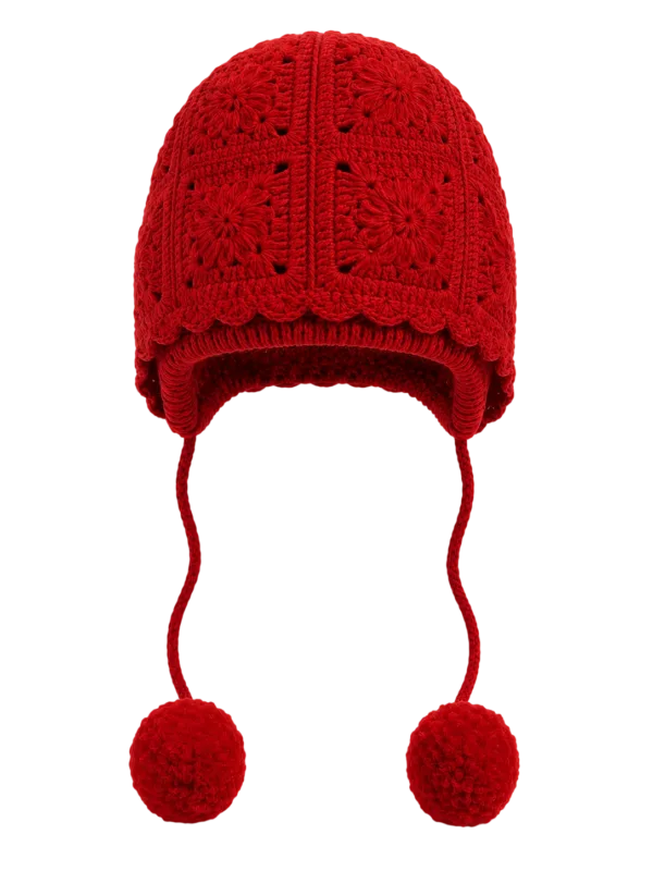 crimson bobble earflap beanie angled view