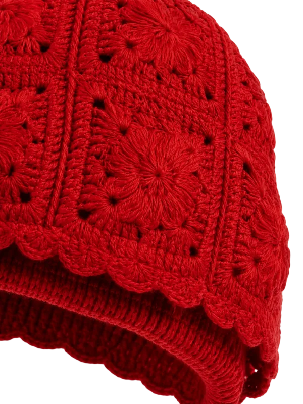 crimson bobble earflap beanie close up detail