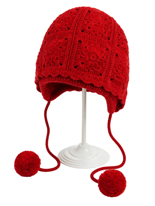 crimson bobble earflap beanie front view