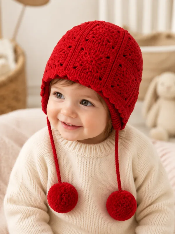 crimson bobble earflap beanie hanging display