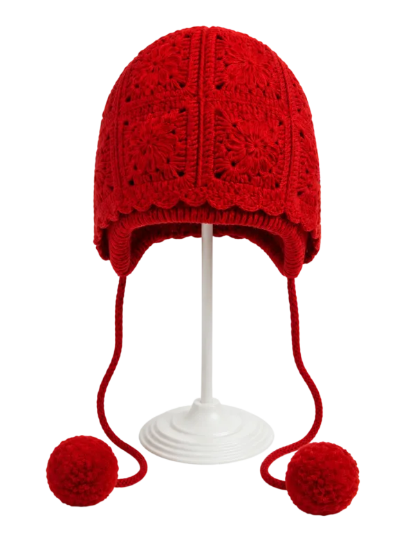 crimson bobble earflap beanie top view
