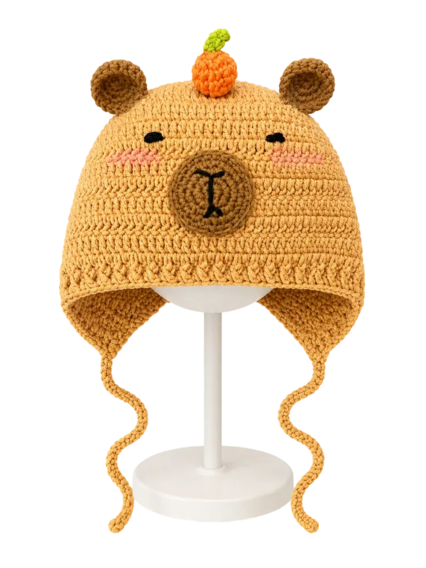 honey bear pumpkin earflap hat angled view