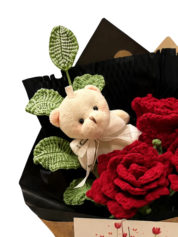 midnight red rose bear bouquet angled view