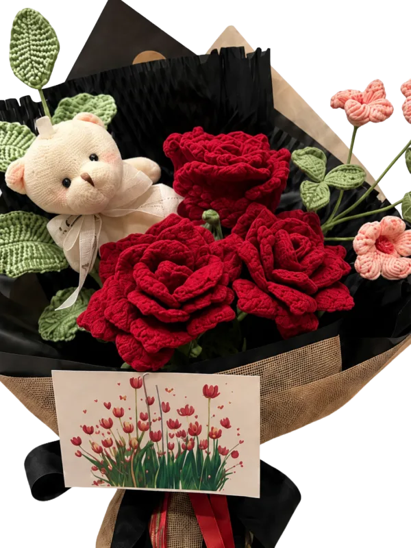 midnight red rose bear bouquet close up detail