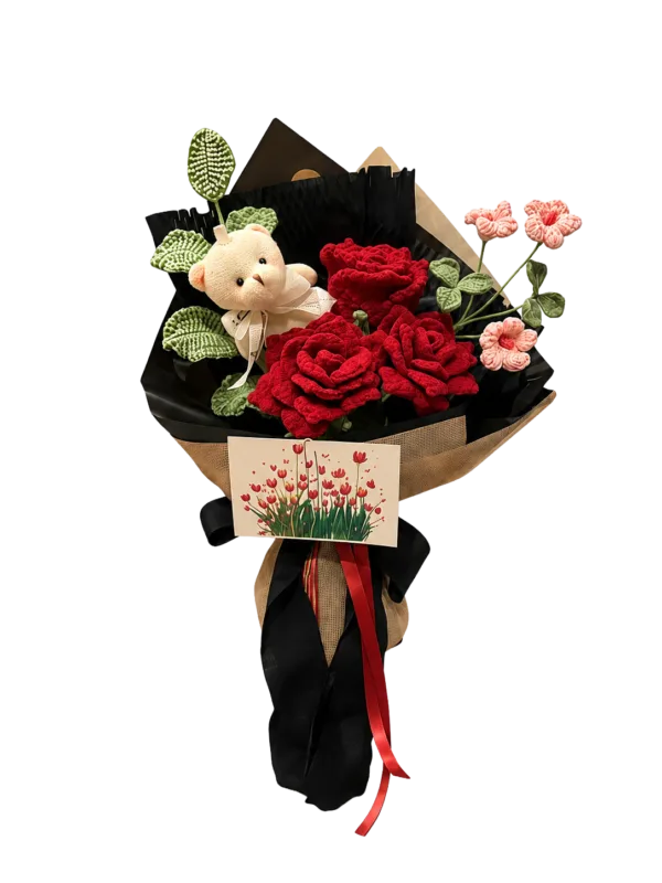 midnight red rose bear bouquet front view