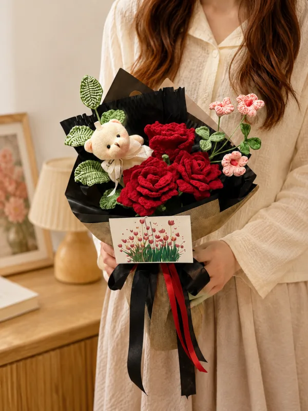 midnight red rose bear bouquet hanging display
