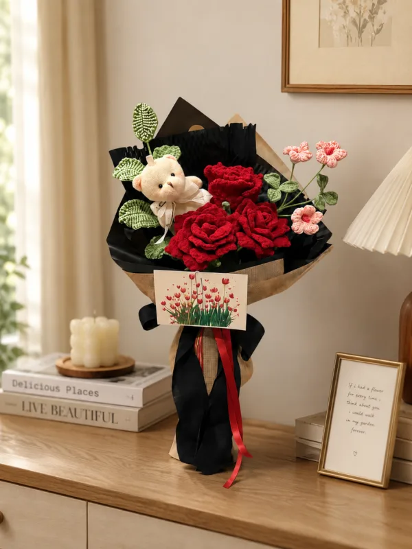 midnight red rose bear bouquet lifestyle scene