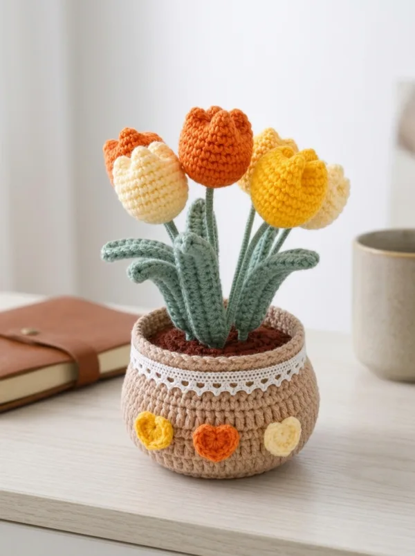 orange yellow tulip pot ornament display view