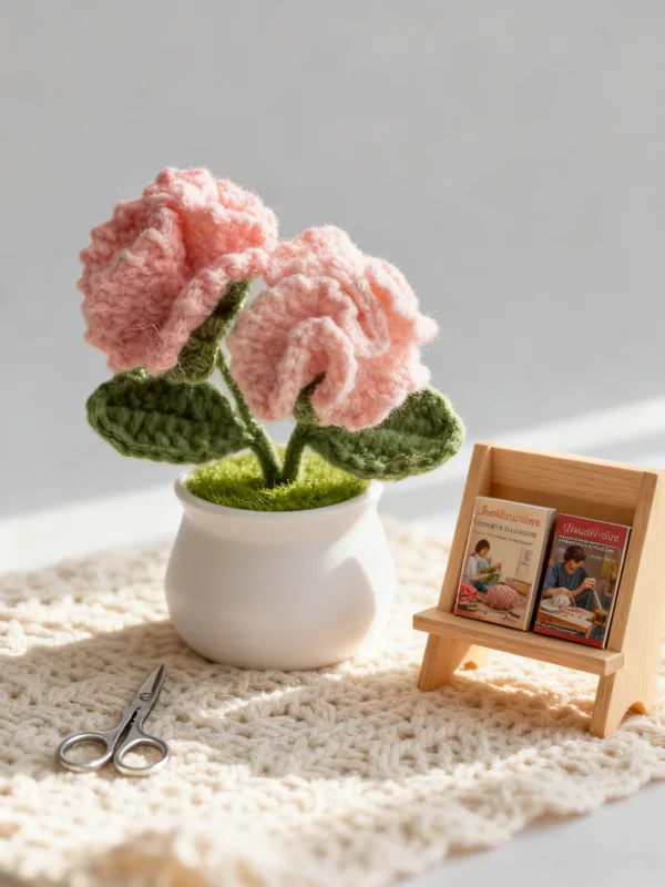 pink carnation white pot ornament angled view