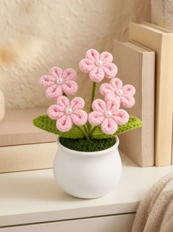 pink flower white pot ornament detail view