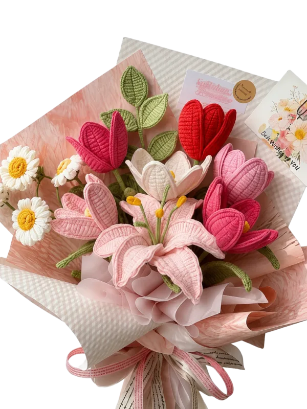 pink tulip daisy gift bouquet angled view