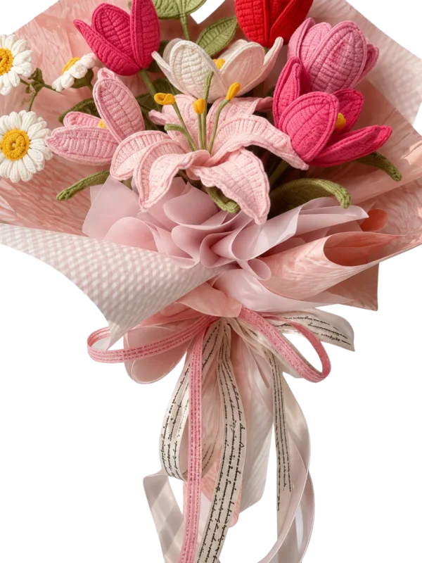 pink tulip daisy gift bouquet close up detail