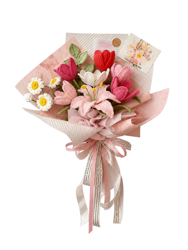 pink tulip daisy gift bouquet front view
