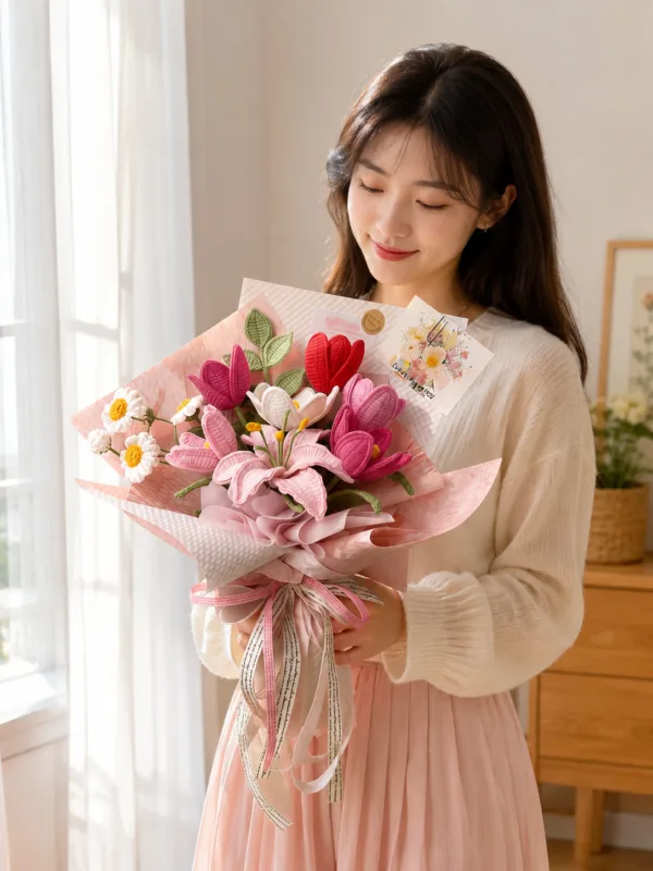 pink tulip daisy gift bouquet hanging display